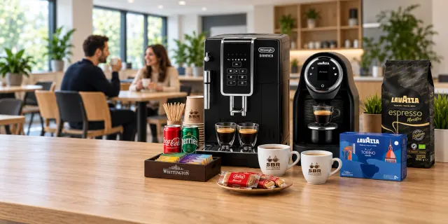 Mise en scène d’une salle de pause lumineuse : machines De’Longhi et Lavazza, cafés, boissons et tasses SBR Diffusion.